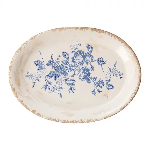 Keramický oválný podnos s modrými růžemi Rose Blue - 25*18*3cm Clayre & Eef