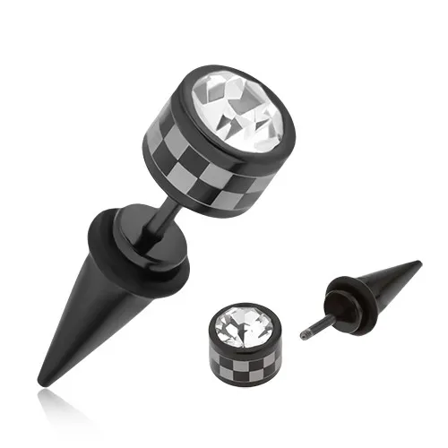 Ocelový fake taper do ucha, černá barva, šachovnicový vzor, čirý zirkon