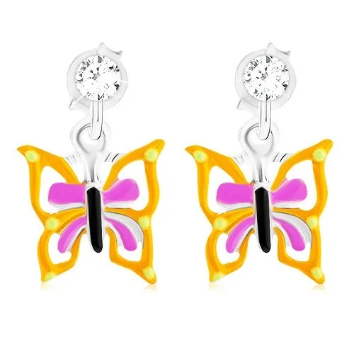 Puzetové náušnice ze stříbra 925, motýl se žlutofialovými křídly, glazura
