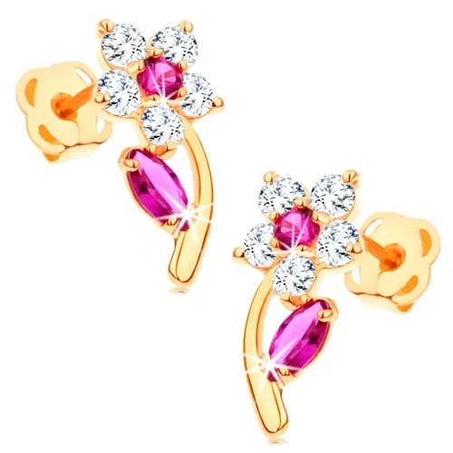 Zlaté náušnice 585 - blýskavý květ zdobený čirými a růžovými zirkony