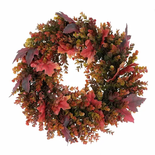 Podzimní věnec umělý Eucalyptus a javorové listy, pr. 40 cm, červeno-zelená