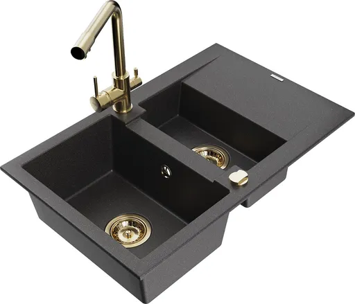 MEXEN/S Gaspar granitový dřez 1.5 s odkapávačem včetně baterie Duero, černá kropenatý 6507-76-671600-50