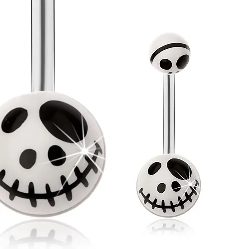 Ocelový piercing do bříška, motiv lebky z animované pohádky - bílá barva