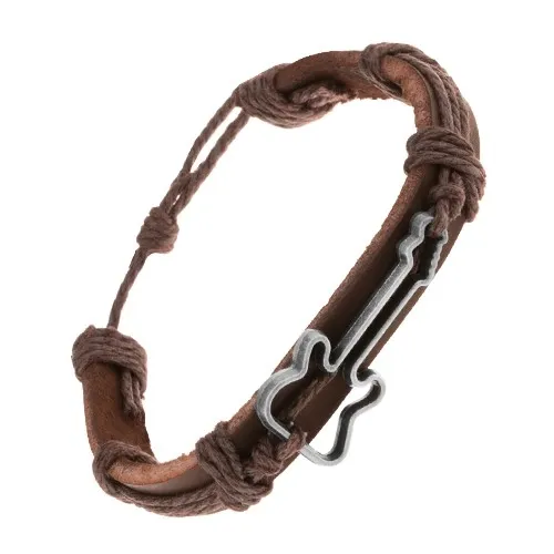 Tmavohnědý náramek ze kůže a šňůrek, vyřezávaný obrys kytary