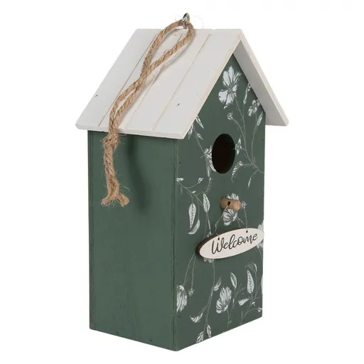 Bílo-zelená dřevěná ptačí budka s květy Birdhouse - 15*10*22 cm Clayre & Eef