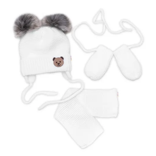 Baby Nellys Dětská sada, zimní čepice s šálou + rukavičky 3D, Teddy Bear - bílá