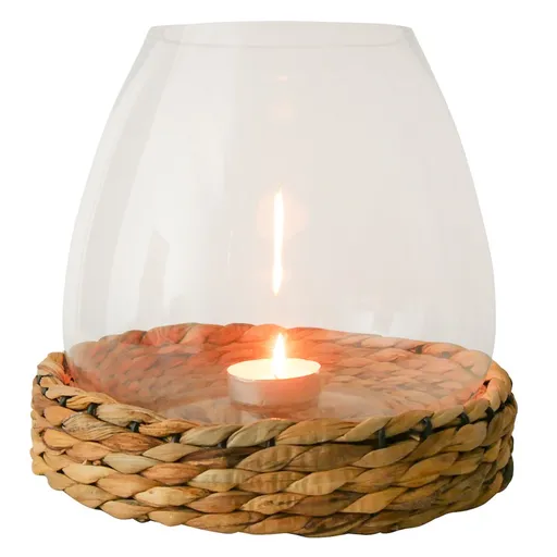 Skleněný svícen/ váza Avril s pleteným podnosem z vodního hyacintu - Ø 28*26cm Mars & More