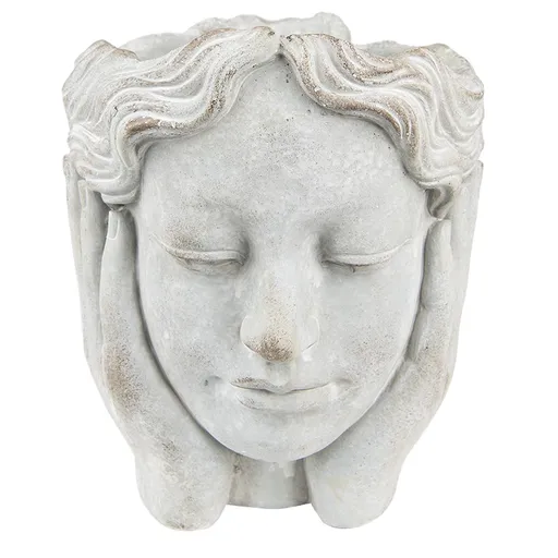Šedý cementový květináč hlava dívky v dlaních L - 20*23*25 cm Clayre & Eef