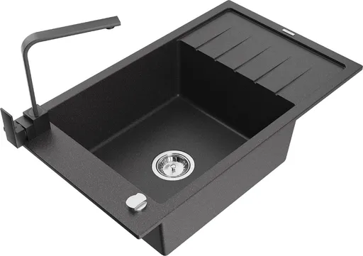 MEXEN/S Elias granitový dřez 1-miska s odkapávačem včetně baterie Rita, černý kropenatý 6511-76-670300-70