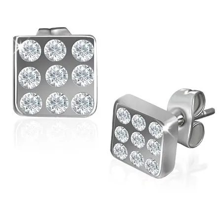 Lesklé ocelové náušnice, čtverce stříbrné barvy s čirými kamínky