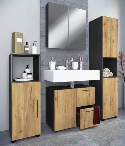 VCM 4dílná koupelnová sada „Flandu“ se zrcadlovkou, antracitová