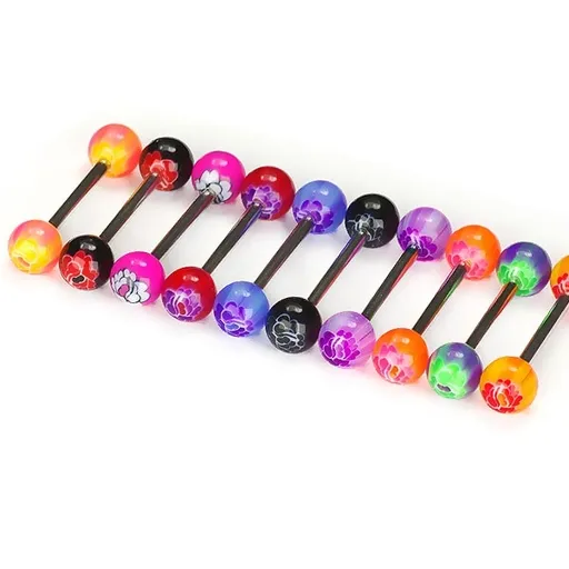 Piercing do jazyka vícebarevný s růžičkou - Barva piercing: Modrá - Fialová