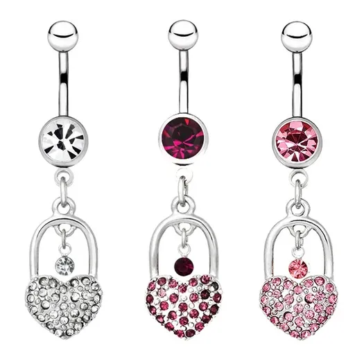 Piercing do bříška z oceli - třpytivý srdcový zámek, visací zirkon - Barva zirkonu: Čirá - C