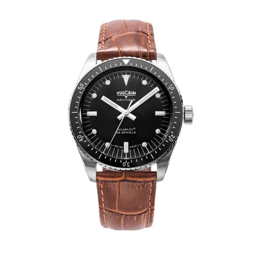 Vulcain Skindiver Nautique Black with White Lum - Brown Alligator