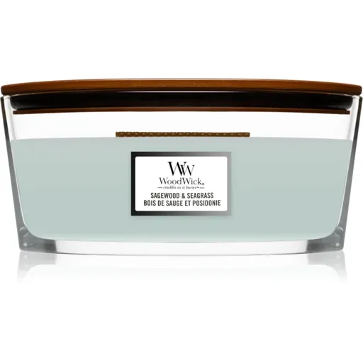 Woodwick Sagewood & Seagrass vonná svíčka s dřevěným knotem (hearthwick) 453,6 g