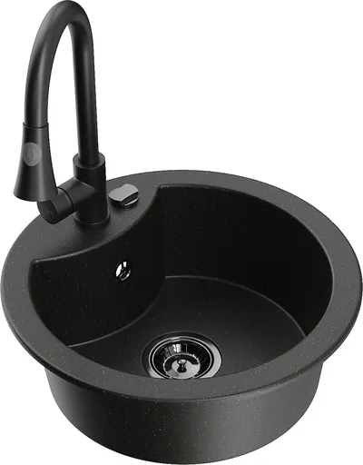 MEXEN/S Diego granitový dřez 1-miska včetně baterie Elia, černá/zlatá metalik 6512-75-670101-70-B