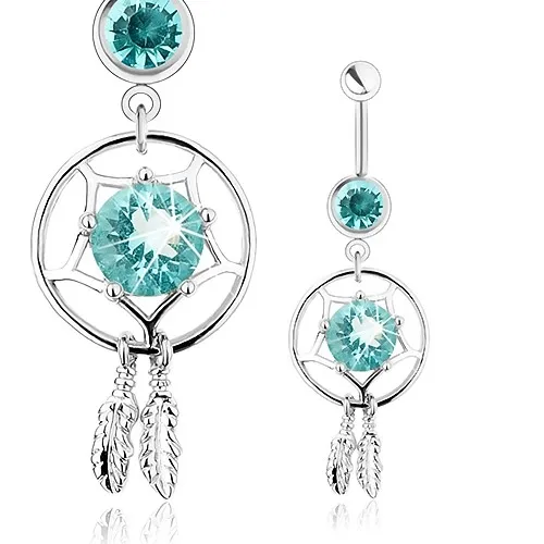 Piercing z oceli 316L, lapač snů, světle modrý zirkon, dvě gravírovaná pírka