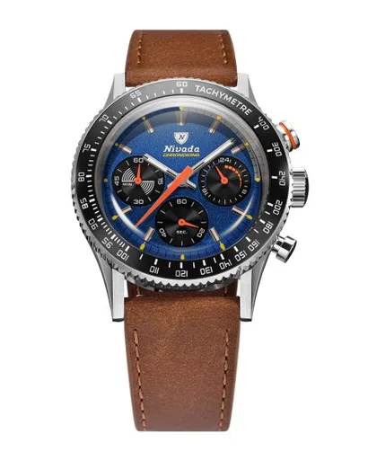 Nivada Grenchen Chronoking Mecaquartz Racing Blue - Inter. Bezel - Brown Leather