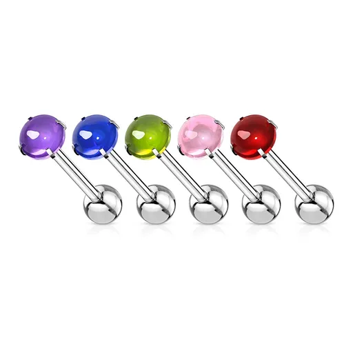 Piercing do jazyku z oceli 316L - barevný zirkon ve tvaru kabošonu, 16 mm - Barva: Zelená