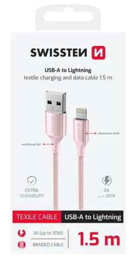 SWISSTEN DATOVÝ KABEL TEXTILE II USB / LIGHTNING 1,5 M RŮŽOVÝ