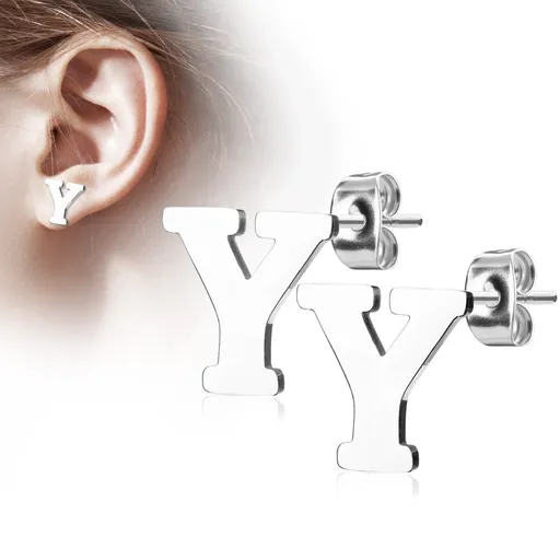 Ocelové náušnice stříbrné barvy - velké tiskací písmeno Y, vysoký lesk