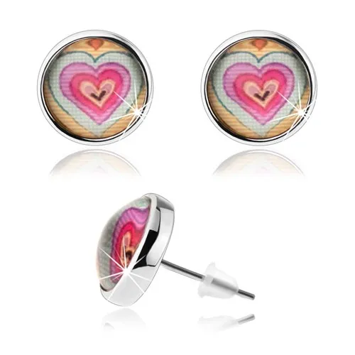 Kruhové náušnice s čirým vypouklým sklem, barevná srdíčka, puzetky