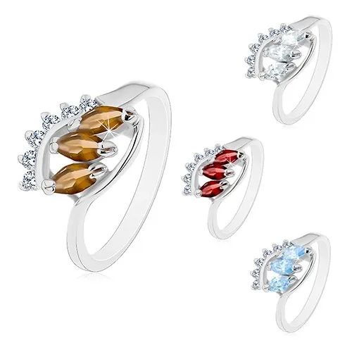 Prsten s lesklými zahnutými rameny, tři barevné zrnkovité zirkony - Velikost: 49, Barva: Čirá