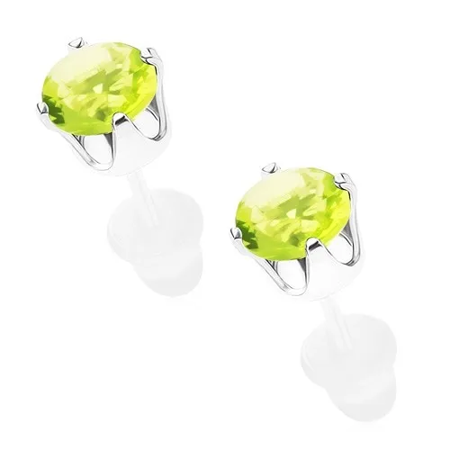 Puzetové náušnice ze stříbra 925, světle zelený kulatý zirkon, 5 mm