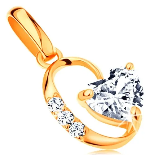 Zlatý 14K přívěsek - čiré zirkonové srdíčko, oválná kontura s drobnými zirkonky