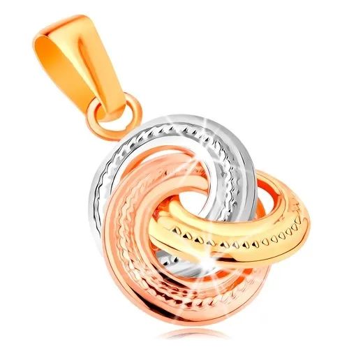 Přívěsek ze 14K zlata - trojbarevné propojené kroužky s gravírováním