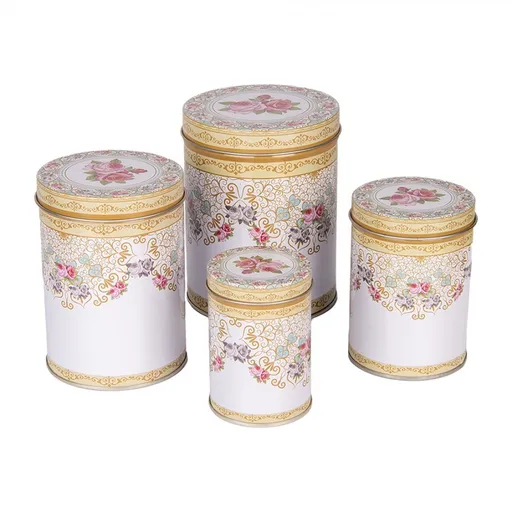 4ks bílá plechová dóza s růžemi - Ø 11*14 /Ø 9*13 /Ø 8*11 /Ø 6*9 cm Clayre & Eef