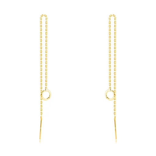 Provlékací náušnice ze 14K zlata - kroužek s jemným rýhováním, řetízek