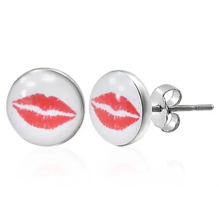 Náušnice z oceli 316L - červené rty, bílý podklad