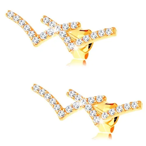 Zlaté náušnice 585 - třpytivé W zdobené čirými kulatými zirkonky