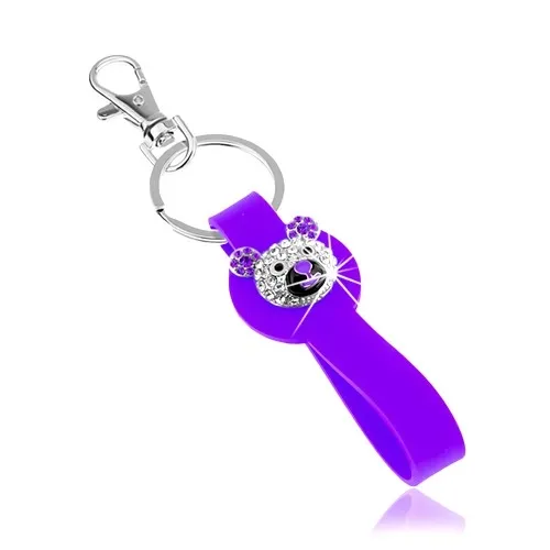 Klíčenka stříbrné barvy, fialový silikonový přívěsek, blyštivá hlava medvídka