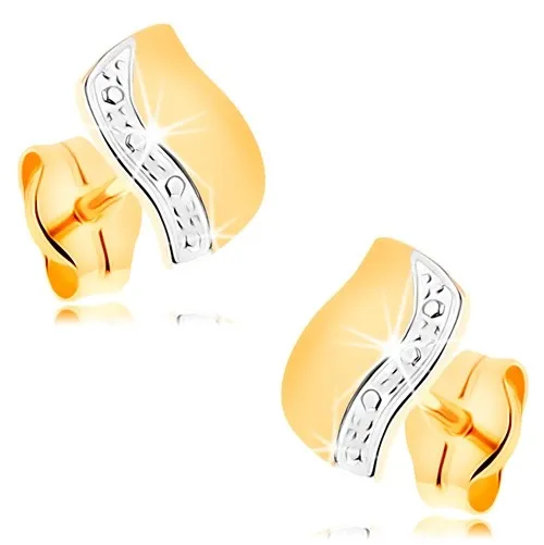 Náušnice ve 14K zlatě - dvoubarevná vlnka s linií drobných teček