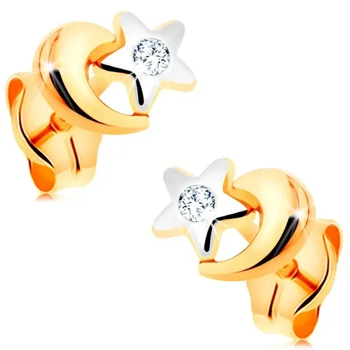 Náušnice z kombinovaného 14K zlata - bílá hvězda a žlutý měsíc, puzetky