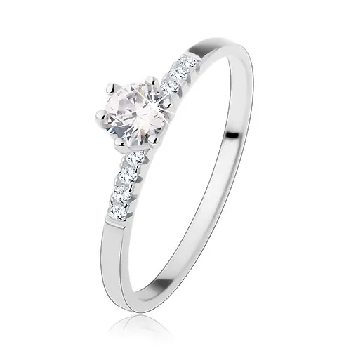 Zásnubní stříbrný prsten 925, kulatý čirý zirkon, blýskavé linie na ramenech - Velikost: 48