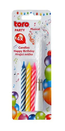 Dortová zpívající svíčka s podstavcem TORO Happy Birthday 4 svíčky