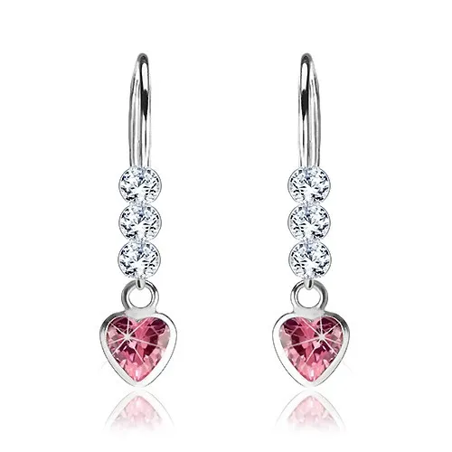 Stříbrné náušnice 925, růžové zirkonové srdce, kulaté čiré krystaly Swarovski