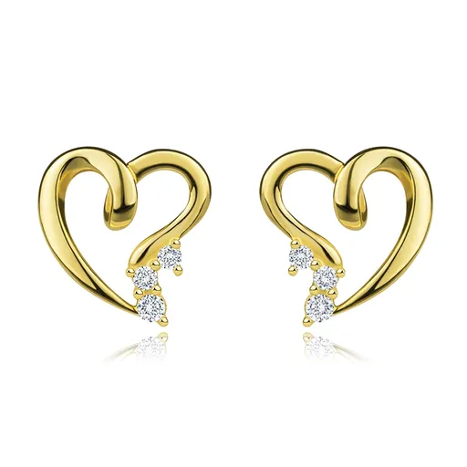 Náušnice ze žlutého zlata 585 - asymetrický obrys srdce, čiré zirkony