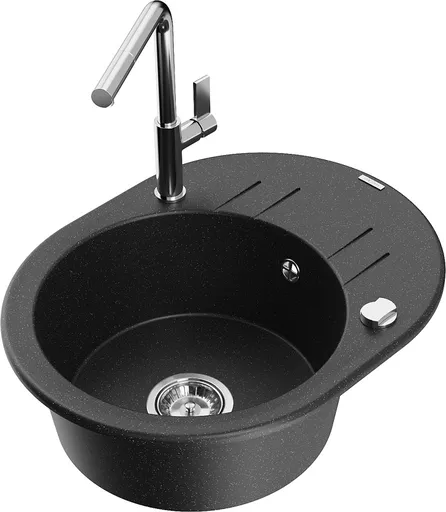 MEXEN/S Kevin granitový dřez 1-miska s odkapávačem včetně baterie Flora, černá/srebrny metalik 6517-73-670401-00