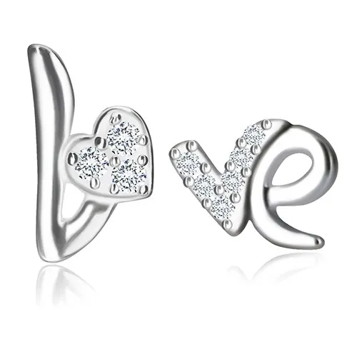 Stříbrné náušnice 925 - motiv Love, srdíčko a písmeno se zirkony, puzetky