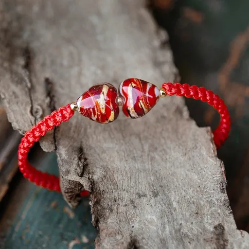 Lampglas Náramek Double Cherry Heart-Red s 24karátovým zlatem v perlách Lampglas BLH-D-52/RED/POZ