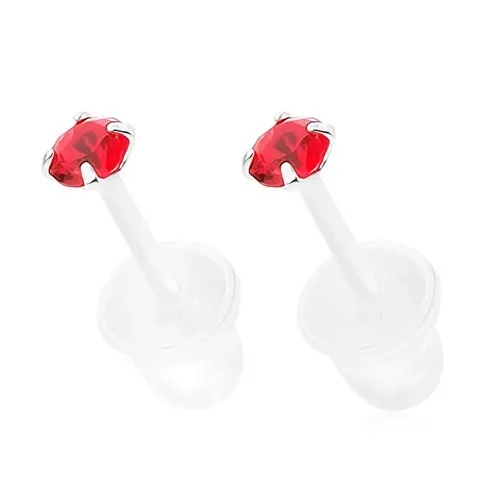 Puzetové náušnice ze stříbra 925, kulatý tmavě červený zirkon, 2,5 mm