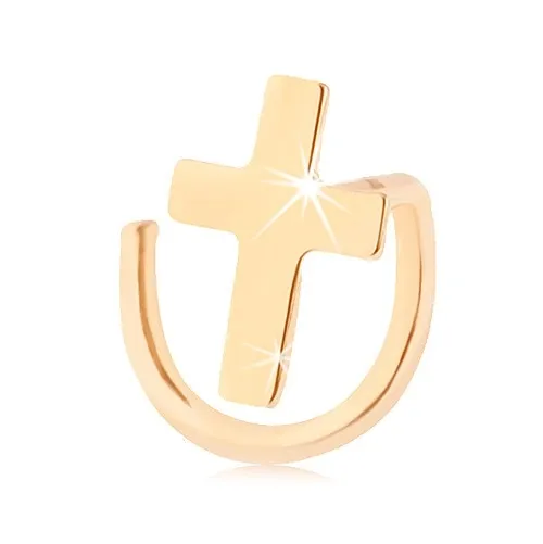 Piercing do nosu ve žlutém 14K zlatě - zahnutý, lesklý latinský křížek