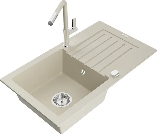 MEXEN/S Pablo granitový dřez 1 s odkapávačem včetně baterie Flora, béžová 6510-69-670401-09