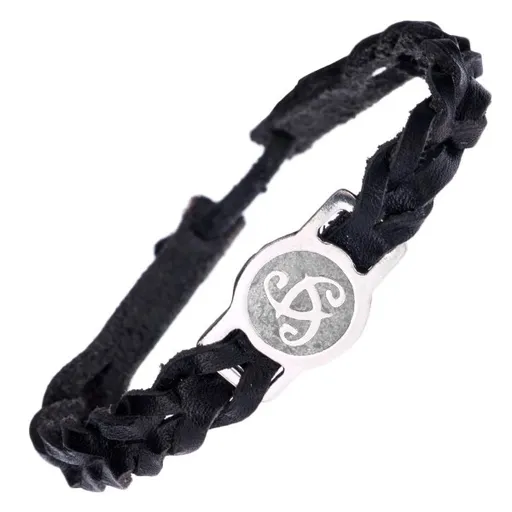 Pletenec na ruku z kůže - černý se známkou, sluneční symbol