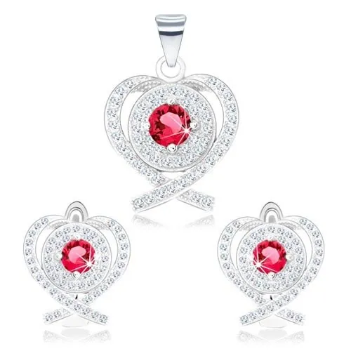 Stříbrné náušnice a přívěsek 925, srdce - překřížené linie, růžový zirkon