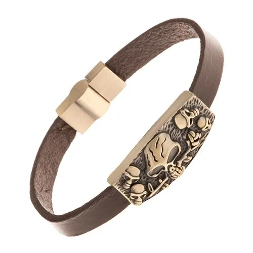 Kožený tmavohnědý náramek, známka mosazné barvy - lebky, růže
